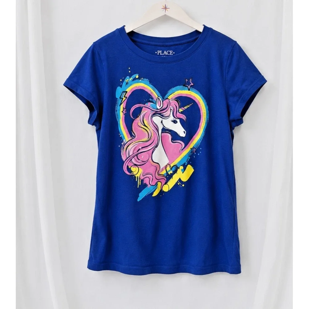 Girls Unicorn Rainbow Graphic Tee L 10 12 Purple Cute Magical Short Sleeve
